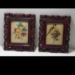 2 Vintage Cottagecore Nature Prints in Filigree Frames with Convex Bubble Glass